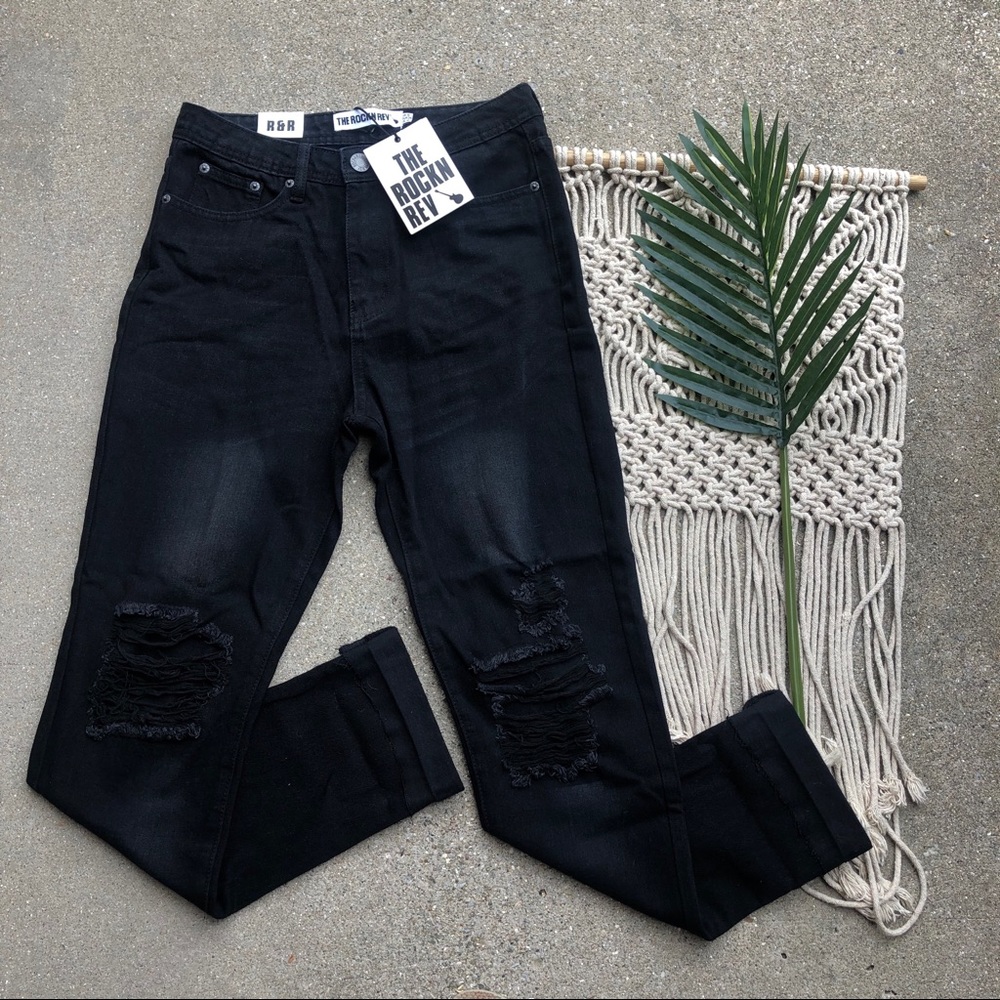 New Rockin Rev Black Distressed High Waisted Mom Jeans